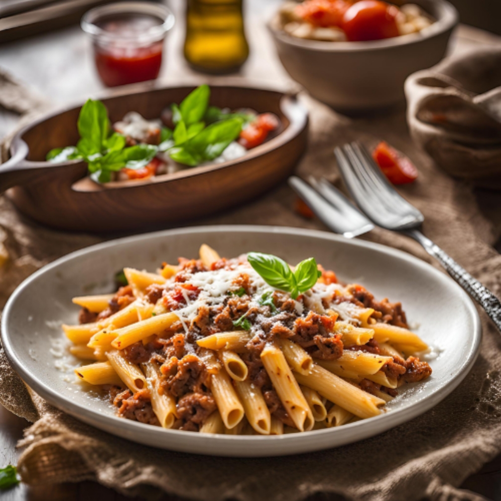 Teller mit Nudeln und Bolognese